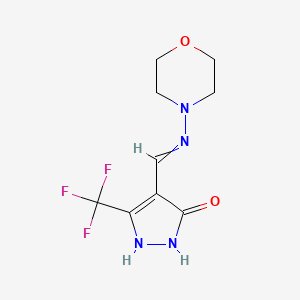 molecular formula C9H11F3N4O2 B11744967 4-{[(morpholin-4-yl)imino]methyl}-5-(trifluoromethyl)-2,3-dihydro-1H-pyrazol-3-one 