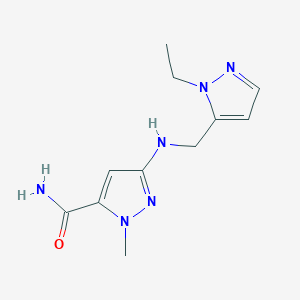 molecular formula C11H16N6O B11745427 3-{[(1-ethyl-1H-pyrazol-5-yl)methyl]amino}-1-methyl-1H-pyrazole-5-carboxamide 