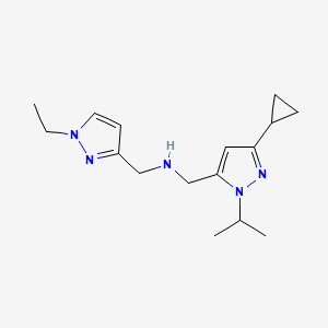 molecular formula C16H25N5 B11745937 {[3-cyclopropyl-1-(propan-2-yl)-1H-pyrazol-5-yl]methyl}[(1-ethyl-1H-pyrazol-3-yl)methyl]amine 