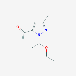 molecular formula C9H14N2O2 B11746527 1-(1-Ethoxyethyl)-3-methyl-1H-pyrazole-5-carbaldehyde 