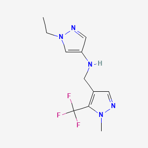 molecular formula C11H14F3N5 B11746833 1-ethyl-N-{[1-methyl-5-(trifluoromethyl)-1H-pyrazol-4-yl]methyl}-1H-pyrazol-4-amine 