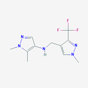 molecular formula C11H14F3N5 B11746975 1,5-dimethyl-N-{[1-methyl-3-(trifluoromethyl)-1H-pyrazol-4-yl]methyl}-1H-pyrazol-4-amine 