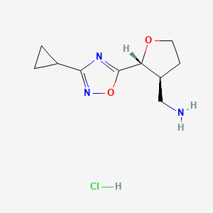 molecular formula C10H16ClN3O2 B11748448 1-[(2R,3S)-2-(3-cyclopropyl-1,2,4-oxadiazol-5-yl)oxolan-3-yl]methanamine hydrochloride 