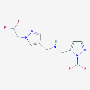 molecular formula C11H13F4N5 B11748930 {[1-(2,2-difluoroethyl)-1H-pyrazol-4-yl]methyl}({[1-(difluoromethyl)-1H-pyrazol-5-yl]methyl})amine 