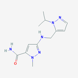 molecular formula C12H18N6O B11749519 1-methyl-3-({[1-(propan-2-yl)-1H-pyrazol-5-yl]methyl}amino)-1H-pyrazole-5-carboxamide 