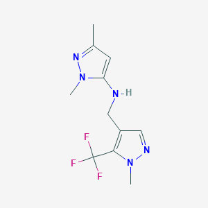 molecular formula C11H14F3N5 B11749835 1,3-dimethyl-N-{[1-methyl-5-(trifluoromethyl)-1H-pyrazol-4-yl]methyl}-1H-pyrazol-5-amine 