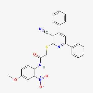 molecular formula C27H20N4O4S B11771023 2-((3-Cyano-4,6-diphenylpyridin-2-yl)thio)-N-(4-methoxy-2-nitrophenyl)acetamide 