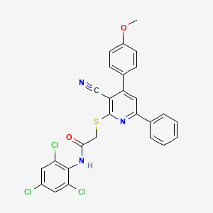 2-((3-Cyano-4-(4-methoxyphenyl)-6-phenylpyridin-2-yl)thio)-N-(2,4,6-trichlorophenyl)acetamide