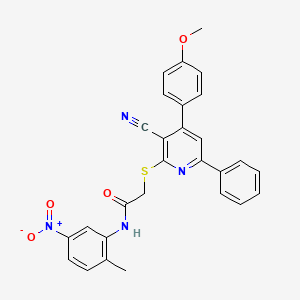 molecular formula C28H22N4O4S B11775917 2-((3-Cyano-4-(4-methoxyphenyl)-6-phenylpyridin-2-yl)thio)-N-(2-methyl-5-nitrophenyl)acetamide 