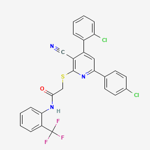 2-((4-(2-Chlorophenyl)-6-(4-chlorophenyl)-3-cyanopyridin-2-yl)thio)-N-(2-(trifluoromethyl)phenyl)acetamide