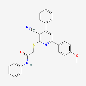 molecular formula C27H21N3O2S B11782893 2-((3-Cyano-6-(4-methoxyphenyl)-4-phenylpyridin-2-yl)thio)-N-phenylacetamide 