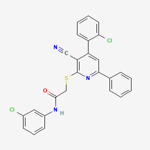 molecular formula C26H17Cl2N3OS B11784571 N-(3-Chlorophenyl)-2-((4-(2-chlorophenyl)-3-cyano-6-phenylpyridin-2-yl)thio)acetamide 