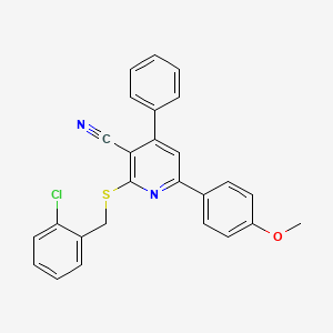 molecular formula C26H19ClN2OS B11785266 2-((2-Chlorobenzyl)thio)-6-(4-methoxyphenyl)-4-phenylnicotinonitrile 