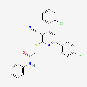 molecular formula C26H17Cl2N3OS B11785342 2-((4-(2-Chlorophenyl)-6-(4-chlorophenyl)-3-cyanopyridin-2-yl)thio)-N-phenylacetamide 