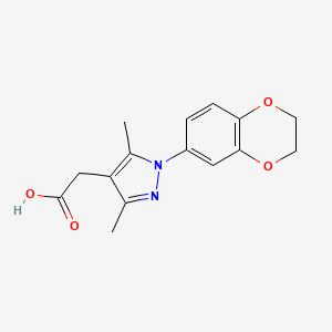 molecular formula C15H16N2O4 B11789134 2-(1-(2,3-Dihydrobenzo[b][1,4]dioxin-6-yl)-3,5-dimethyl-1H-pyrazol-4-yl)acetic acid 