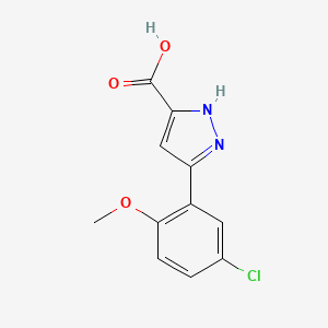 molecular formula C11H9ClN2O3 B11816900 5-(5-Chloro-2-methoxyphenyl)-1H-pyrazole-3-carboxylic acid 