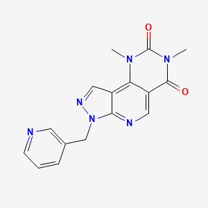 molecular formula C16H14N6O2 B11823465 11,13-Dimethyl-5-[(pyridin-3-yl)methyl]-4,5,7,11,13-pentaazatricyclo[7.4.0.0,2,6]trideca-1(9),2(6),3,7-tetraene-10,12-dione 