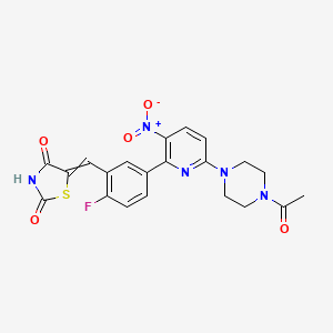 molecular formula C21H18FN5O5S B11823793 5-({5-[6-(4-Acetylpiperazin-1-yl)-3-nitropyridin-2-yl]-2-fluorophenyl}methylidene)-1,3-thiazolidine-2,4-dione 