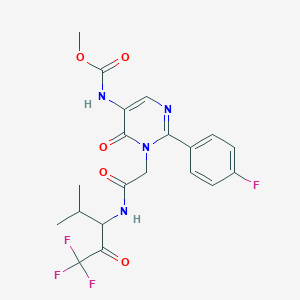 molecular formula C20H20F4N4O5 B118273 2-(4-Fluorophenyl)-5-((methoxycarbonyl)amino)pyrimidin-4-one-3-ethanoylvaline-trifluoromethylketone CAS No. 154753-62-5