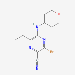 molecular formula C12H15BrN4O B11829154 3-bromo-6-ethyl-5-((tetrahydro-2H-pyran-4-yl)amino)pyrazine-2-carbonitrile 