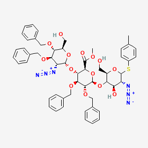 molecular formula C54H60N6O14S B11833297 methyl (2S,3S,4S,5R,6R)-3-(((2R,3R,4R,5S,6R)-3-azido-4,5-bis(benzyloxy)-6-(hydroxymethyl)tetrahydro-2H-pyran-2-yl)oxy)-6-(((2R,4R,5R)-5-azido-4-hydroxy-2-(hydroxymethyl)-6-(p-tolylthio)tetrahydro-2H-pyran-3-yl)oxy)-4,5-bis(benzyloxy)tetrahydro-2H-pyran-2- 