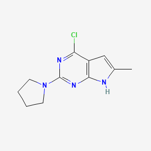 molecular formula C11H13ClN4 B11873306 4-Chloro-6-methyl-2-(pyrrolidin-1-yl)-7H-pyrrolo[2,3-d]pyrimidine 