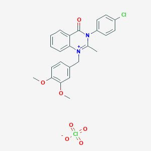molecular formula C24H24Cl2N2O7 B118806 Quinazolinium, 3-(4-chlorophenyl)-1-((3,4-dimethoxyphenyl)methyl)-3,4-dihydro-2-methyl-4-oxo-, perchlorate CAS No. 143579-10-6