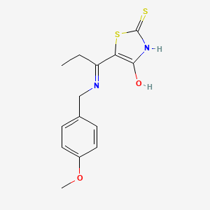 molecular formula C14H16N2O2S2 B1188393 5-{1-[(4-Methoxybenzyl)amino]propylidene}-2-thioxo-1,3-thiazolidin-4-one 
