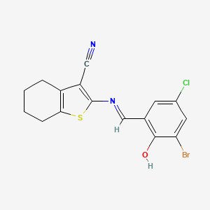 molecular formula C16H12BrClN2OS B1189019 2-[(3-Bromo-5-chloro-2-hydroxybenzylidene)amino]-4,5,6,7-tetrahydro-1-benzothiophene-3-carbonitrile 