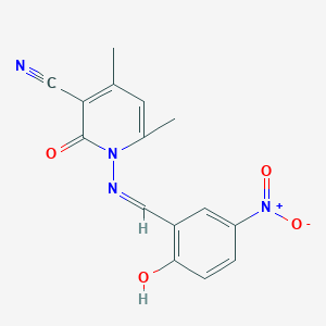 molecular formula C15H12N4O4 B1189253 1-({2-Hydroxy-5-nitrobenzylidene}amino)-4,6-dimethyl-2-oxo-1,2-dihydropyridine-3-carbonitrile 