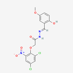 molecular formula C16H13Cl2N3O6 B1189302 2-{2,4-dichloro-6-nitrophenoxy}-N'-(2-hydroxy-5-methoxybenzylidene)acetohydrazide 