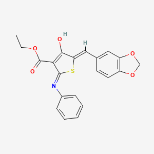 molecular formula C21H17NO5S B1189330 Thiophene-3-carboxylic acid, 4,5-dihydro-5-(1,3-benzodioxol-5-yl)-4-oxo-2-phenylamino-, ethyl ester 