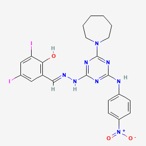 2-Hydroxy-3,5-diiodobenzaldehyde (4-(1-azepanyl)-6-{4-nitroanilino}-1,3,5-triazin-2-yl)hydrazone