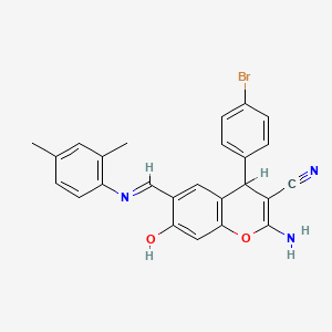 molecular formula C25H20BrN3O2 B1189444 2-amino-4-(4-bromophenyl)-6-{[(2,4-dimethylphenyl)imino]methyl}-7-hydroxy-4H-chromene-3-carbonitrile 