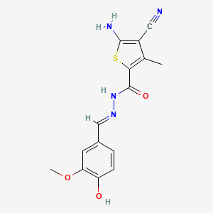 molecular formula C15H14N4O3S B1189474 5-amino-4-cyano-N'-(4-hydroxy-3-methoxybenzylidene)-3-methyl-2-thiophenecarbohydrazide 