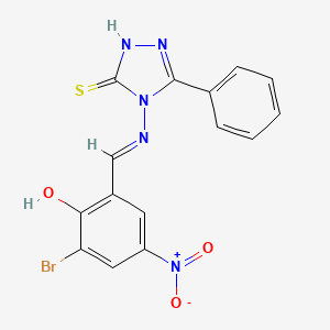 molecular formula C15H10BrN5O3S B1189539 2-bromo-4-nitro-6-{[(3-phenyl-5-sulfanyl-4H-1,2,4-triazol-4-yl)imino]methyl}phenol 
