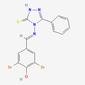 molecular formula C15H10Br2N4OS B1189694 2,6-dibromo-4-{[(3-phenyl-5-sulfanyl-4H-1,2,4-triazol-4-yl)imino]methyl}phenol 