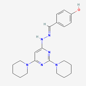 molecular formula C21H28N6O B1189714 4-[(E)-{2-[2,6-di(piperidin-1-yl)pyrimidin-4-yl]hydrazinylidene}methyl]phenol 