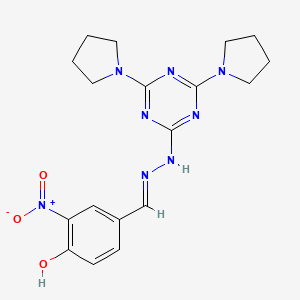 molecular formula C18H22N8O3 B1189736 4-[(4,6-Di-pyrrolidin-1-yl-[1,3,5]triazin-2-yl)-hydrazonomethyl]-2-nitro-phenol 
