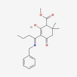 molecular formula C21H27NO4 B1189767 Methyl 5-[1-(benzylamino)butylidene]-2,2-dimethyl-4,6-dioxocyclohexanecarboxylate 