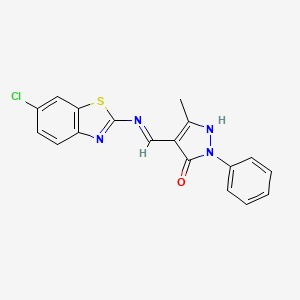 molecular formula C18H13ClN4OS B1189770 4-{[(6-chloro-1,3-benzothiazol-2-yl)amino]methylene}-5-methyl-2-phenyl-2,4-dihydro-3H-pyrazol-3-one 