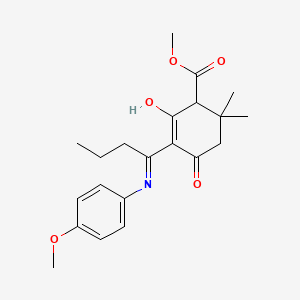 molecular formula C21H27NO5 B1189937 Methyl 5-[1-(4-methoxyanilino)butylidene]-2,2-dimethyl-4,6-dioxocyclohexanecarboxylate 