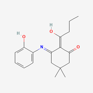 molecular formula C18H23NO3 B1189939 2-Butanoyl-3-[(2-hydroxyphenyl)amino]-5,5-dimethylcyclohex-2-en-1-one 