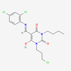 molecular formula C18H20Cl3N3O3 B1190224 1-butyl-3-(3-chloropropyl)-5-[(2,4-dichloroanilino)methylene]-2,4,6(1H,3H,5H)-pyrimidinetrione 