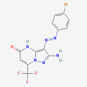 molecular formula C13H8BrF3N6O B1190227 2-amino-3-[(4-bromophenyl)diazenyl]-7-(trifluoromethyl)pyrazolo[1,5-a]pyrimidin-5(4H)-one 