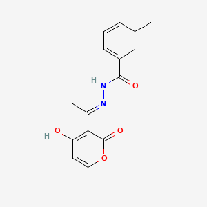 molecular formula C16H16N2O4 B1190437 N'-[(1E)-1-(4-hydroxy-6-methyl-2-oxo-2H-pyran-3-yl)ethylidene]-3-methylbenzohydrazide 