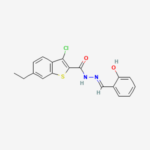molecular formula C18H15ClN2O2S B1190503 3-chloro-6-ethyl-N'-(2-hydroxybenzylidene)-1-benzothiophene-2-carbohydrazide 