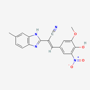 molecular formula C18H14N4O4 B1190621 3-{4-hydroxy-3-nitro-5-methoxyphenyl}-2-(6-methyl-1H-benzimidazol-2-yl)acrylonitrile 