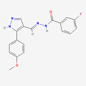 molecular formula C18H15FN4O2 B1190729 3-fluoro-N'-{[3-(4-methoxyphenyl)-1H-pyrazol-4-yl]methylene}benzohydrazide 