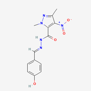 molecular formula C13H13N5O4 B1190752 N'-(4-hydroxybenzylidene)-4-nitro-1,3-dimethyl-1H-pyrazole-5-carbohydrazide 